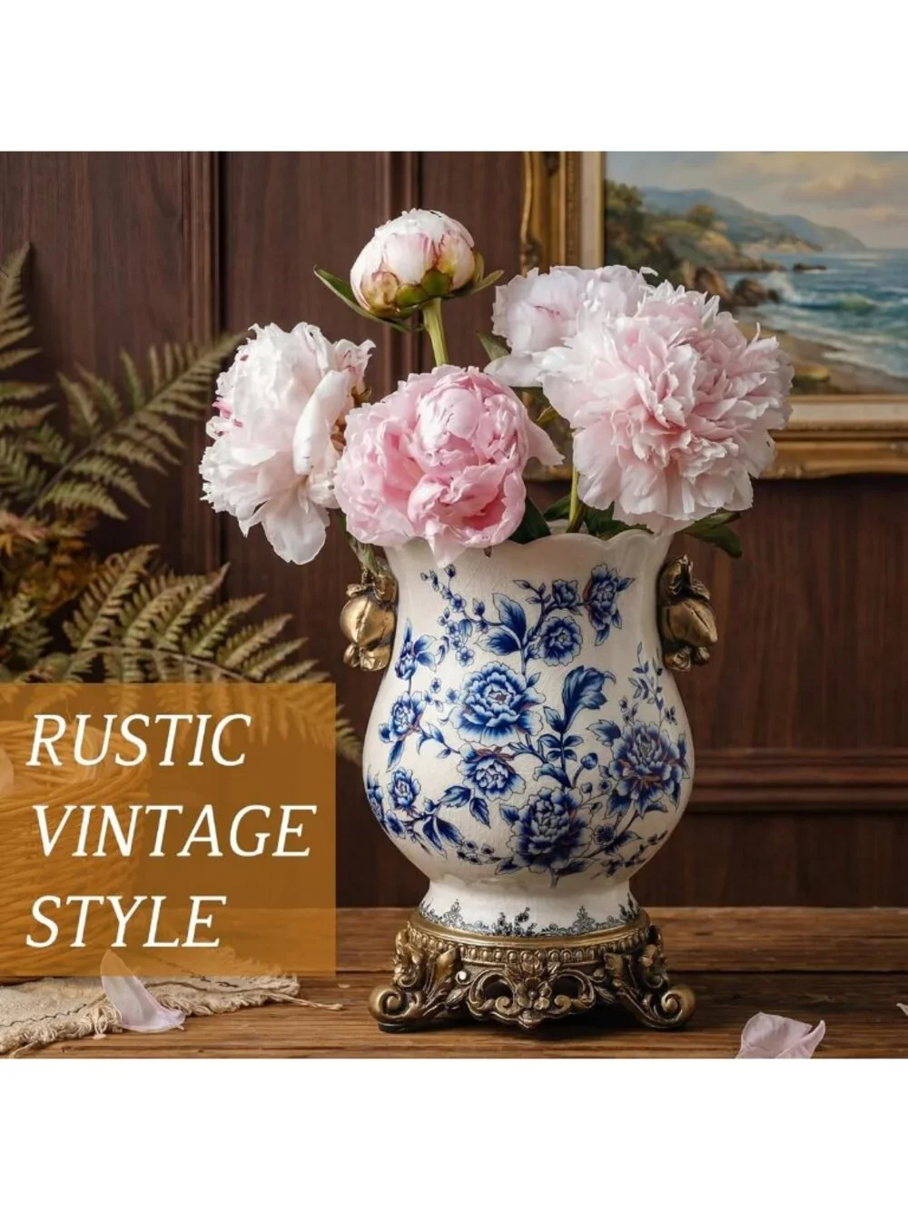 Vintage Blue & White Ceramic Vase, Gold Pedestal Chinoiserie Floral Urn, 8.3
